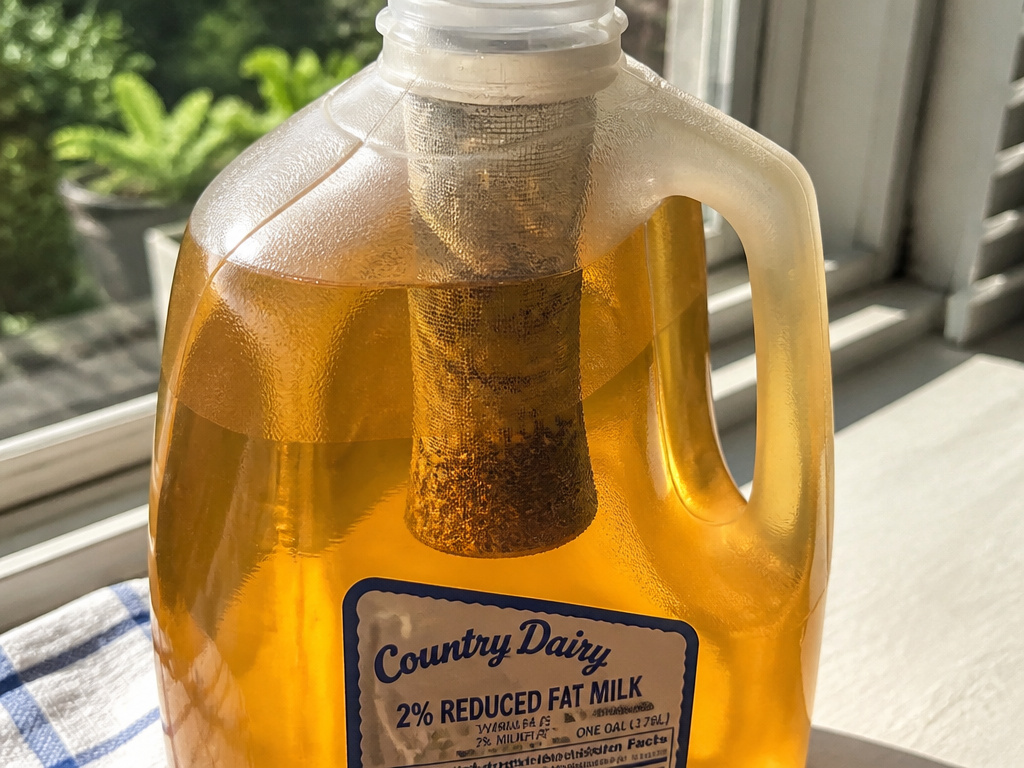 Historical plastic milk jug sun tea adapter with mesh cylinder for tea bags.