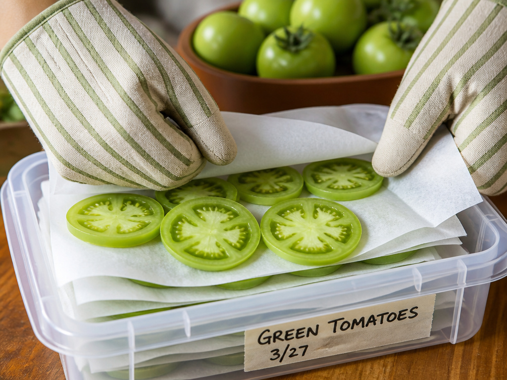 Layering green tomato slices with parchment paper in a freezer container for preservation.