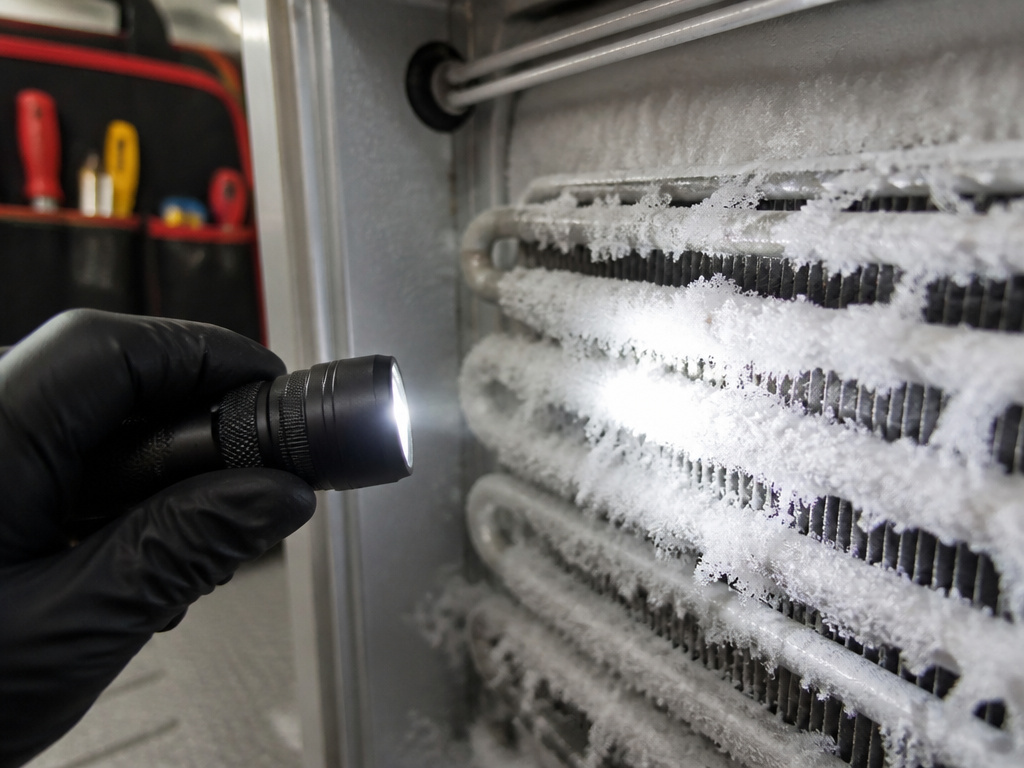 Close-up of severe frost buildup on freezer evaporator coils during diagnosis.