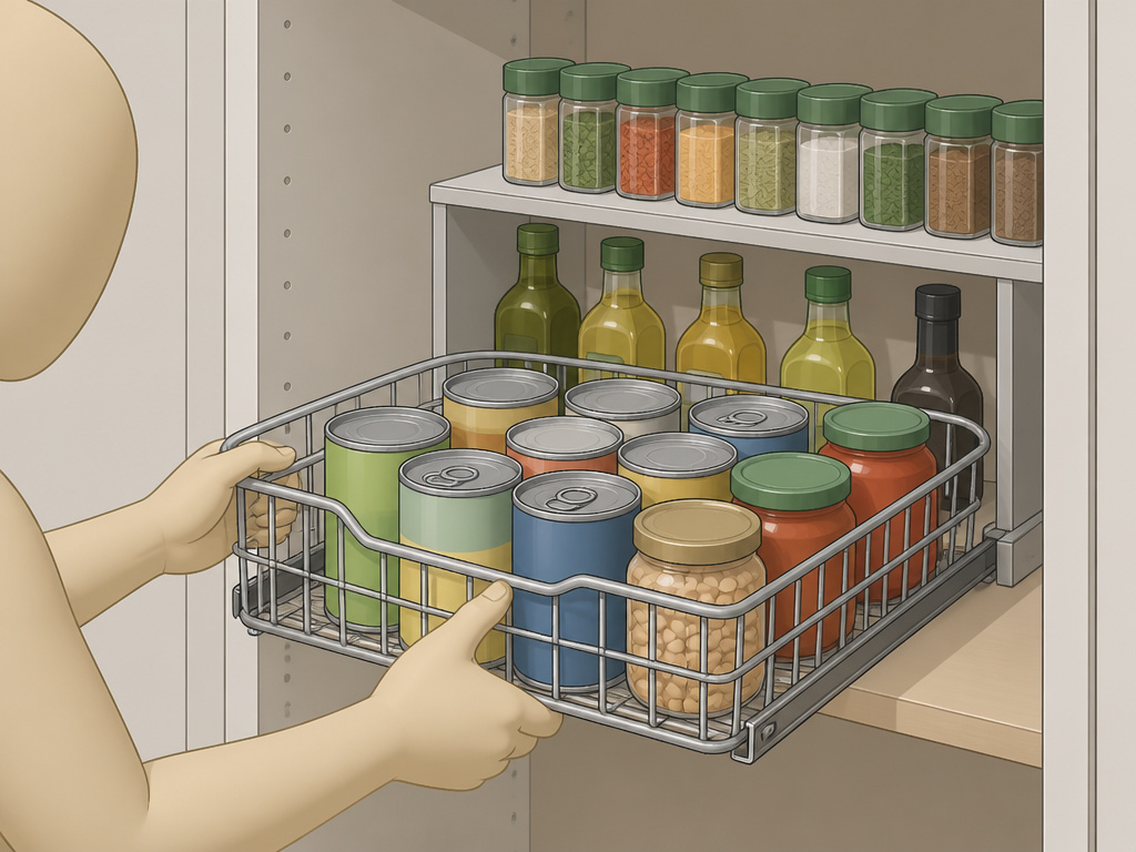 Diagram of deep pantry shelf organization with pull-out basket and shelf riser.