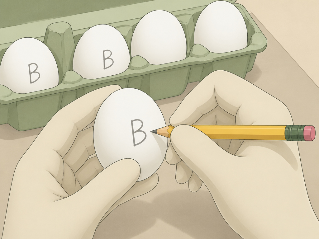 Marking boiled eggshells with a pencil to distinguish from raw eggs.