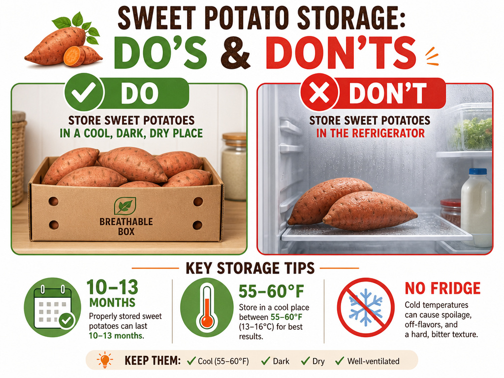 Infographic comparing correct and incorrect methods for storing sweet potatoes long-term.