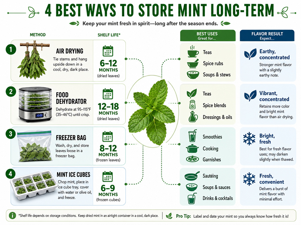 Comparison chart of drying and freezing methods for long-term mint storage