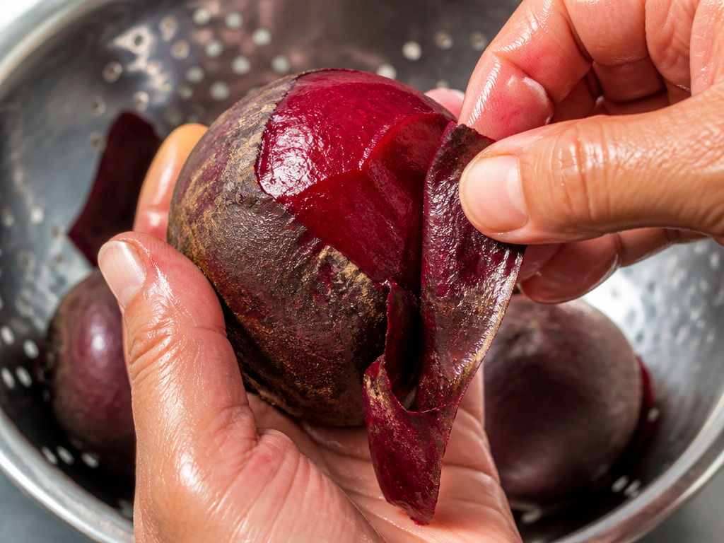 Hands peeling the loose skin from a boiled beet for canning preparation.