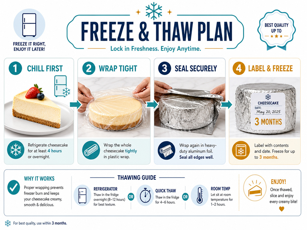 Infographic showing steps to properly freeze and thaw cheesecake.