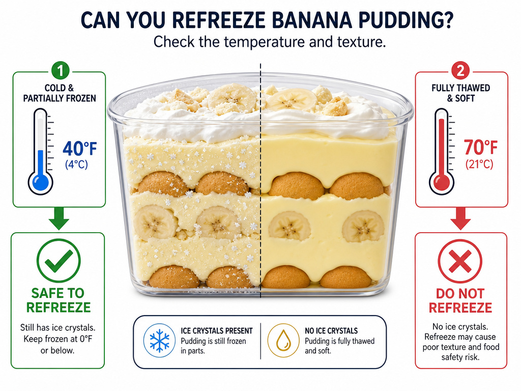 Diagram comparing safe and unsafe temperatures for refreezing banana pudding.