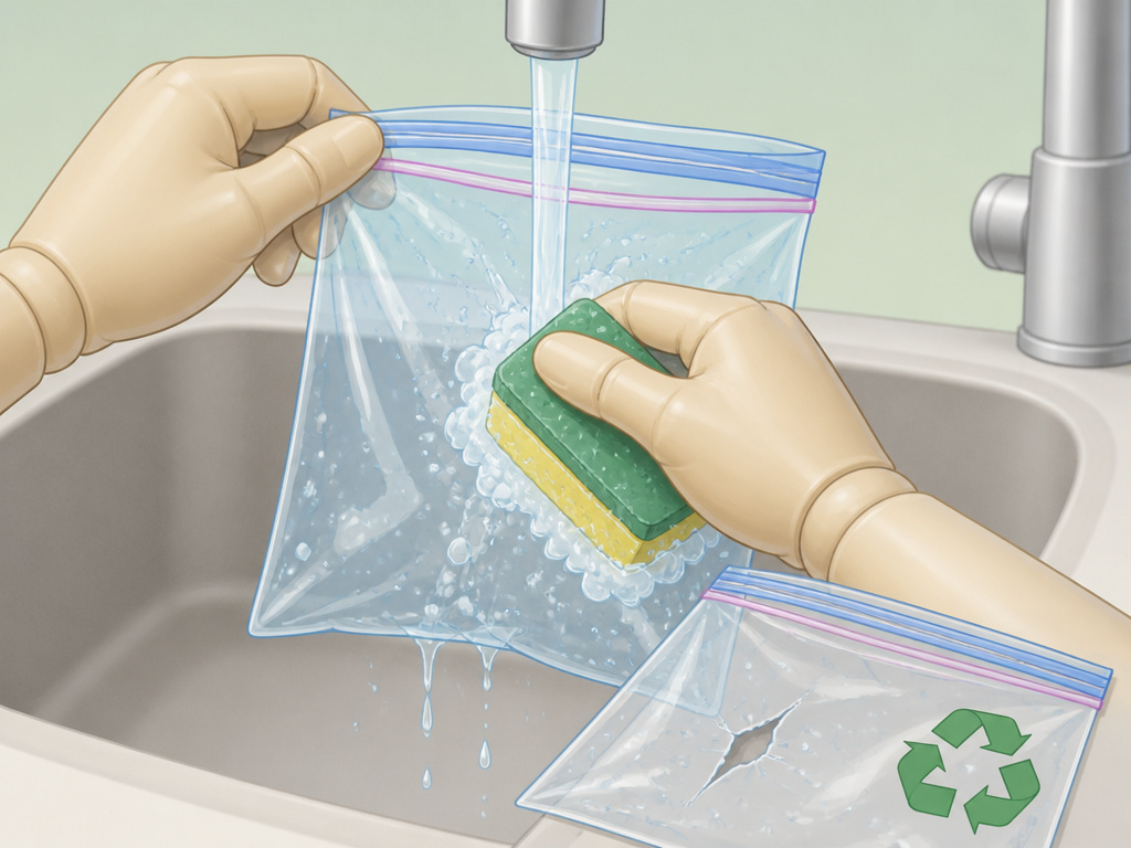 Washing and inspecting a reusable plastic freezer bag for safety.