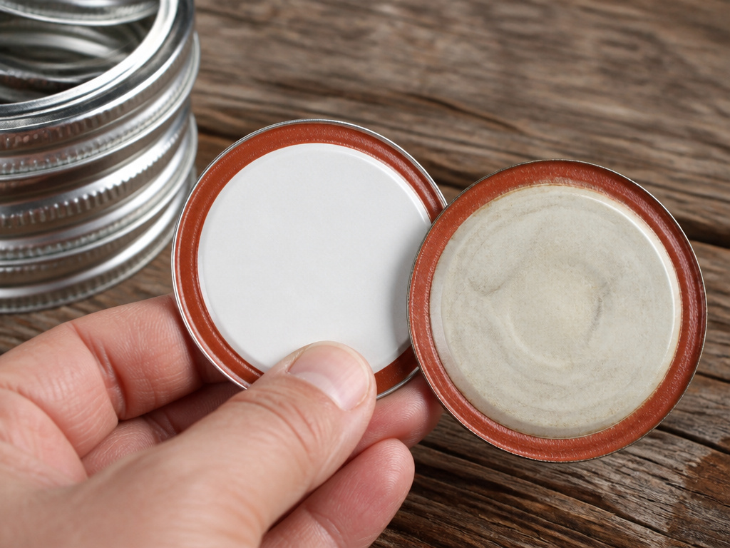 Close-up comparison of new versus used metal canning jar lids.