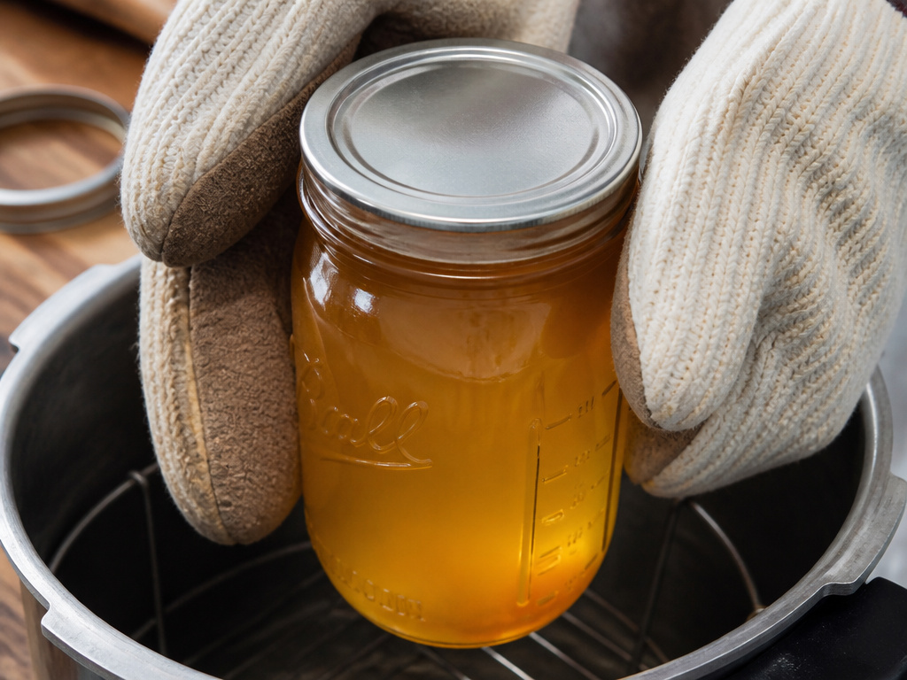 Testing a sealed jar of homemade chicken stock after pressure canning.