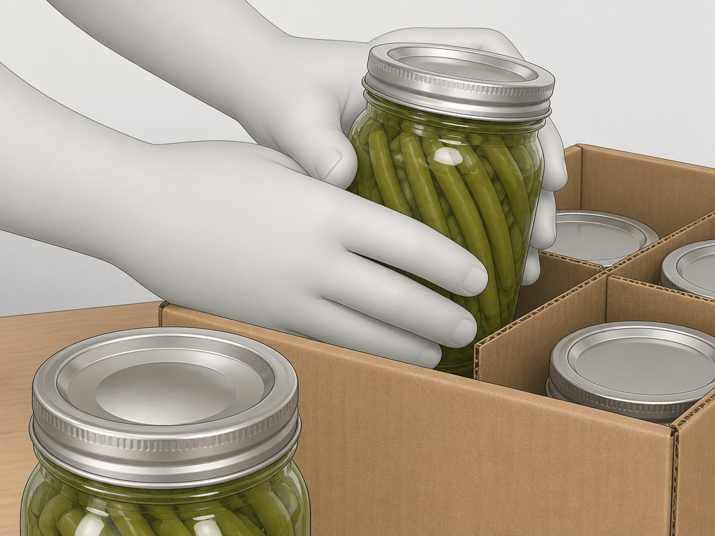 Hands storing a properly sealed jar of home-canned vegetables after preservation.