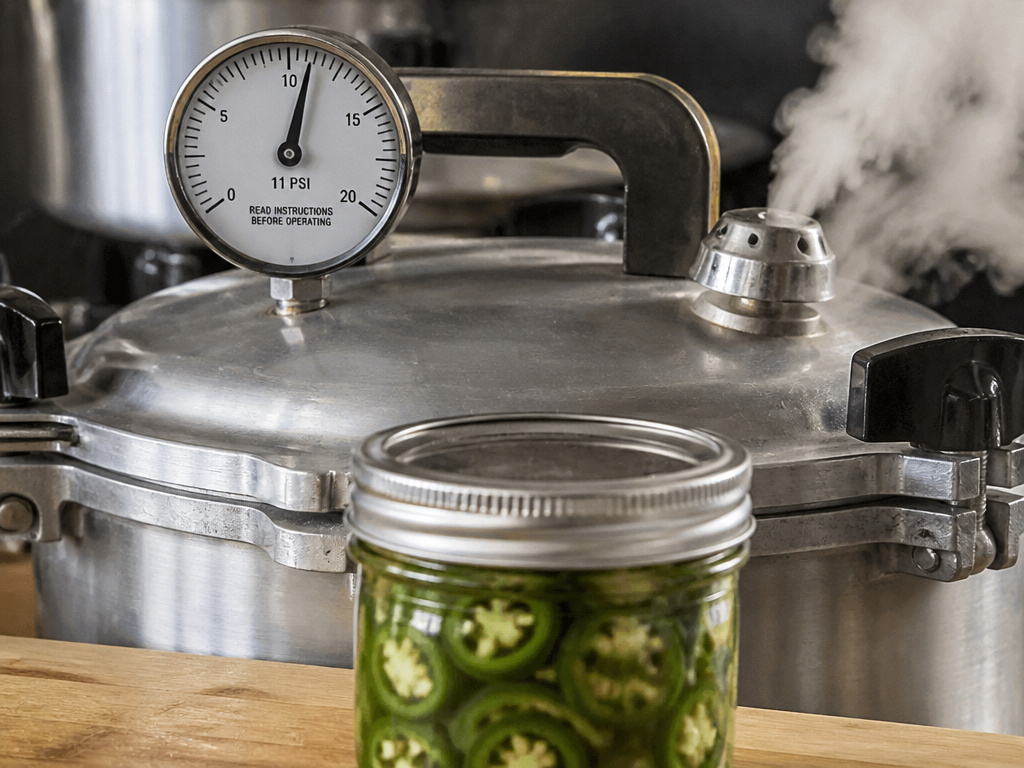 Pressure canner processing jars of jalapeño peppers for safe home preservation.
