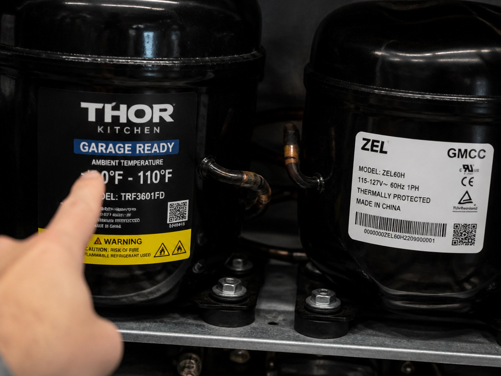 Comparing garage-ready versus standard freezer compressor specifications and labels.