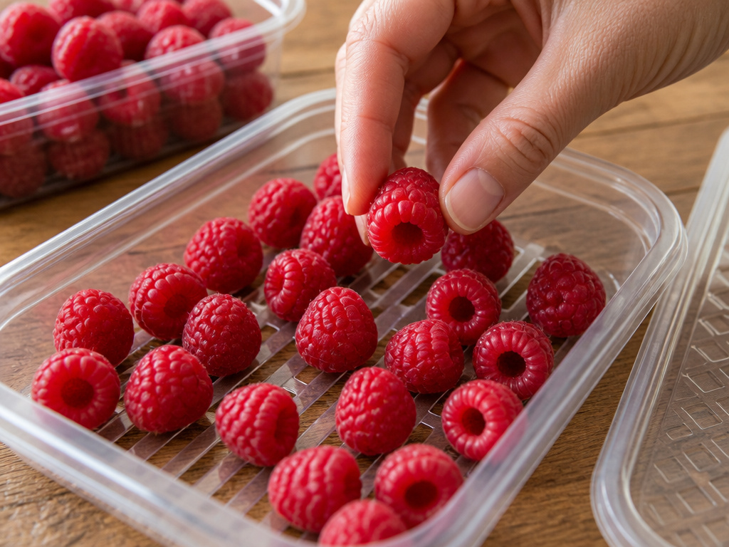 Ventilated container for storing fresh raspberries properly in the refrigerator.