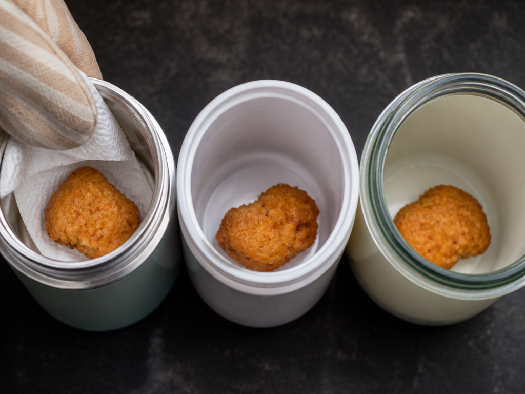 Comparing stainless steel, plastic, and glass thermos interiors for keeping chicken nuggets crispy.