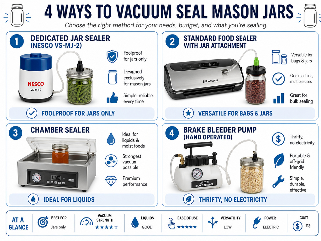 Quick comparison of four equipment options for vacuum sealing mason jars at home.