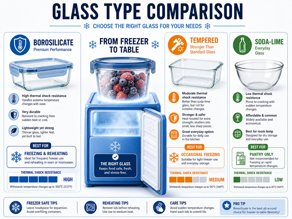 Infographic comparing borosilicate, tempered, and soda-lime glass for freezer safety.