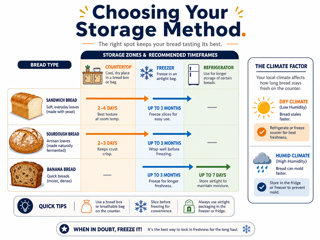 Decision guide infographic for storing bread on counter, in freezer, or fridge.