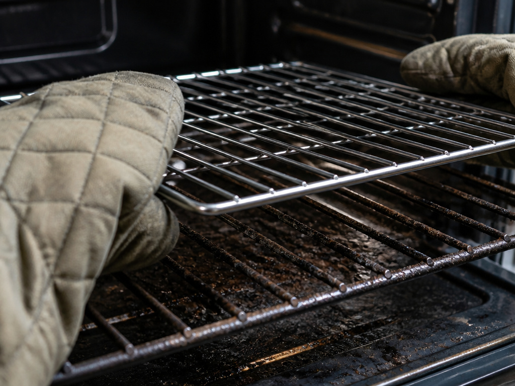 Placing a cooling rack on a dirty oven rack for cleaning demonstration.