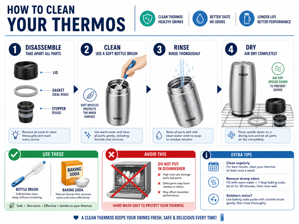 Infographic of four hand-washing steps to properly clean a food thermos.