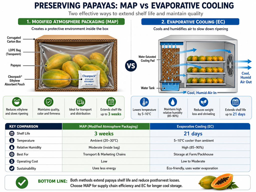 Comparison of Modified Atmosphere Packaging and evaporative cooling for papaya preservation.