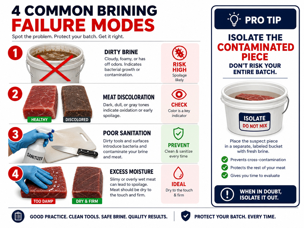 Common salt-curing mistakes infographic: brine, meat quality, hygiene, drying