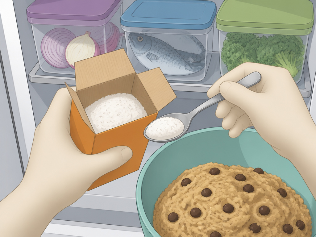 Cartoon showing correct method to open a rice bag over a waiting container.