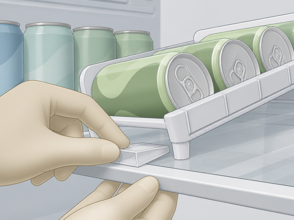 Fixing a tilted refrigerator can organizer with a plastic shim under the front feet