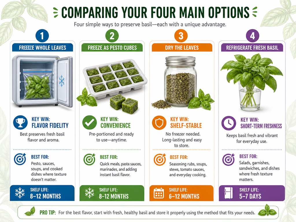 Four methods to preserve basil: freezing, oil cubes, drying, and refrigeration comparison