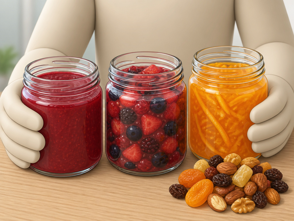 Illustration comparing jars of jam, preserves, and marmalade for a food blog.