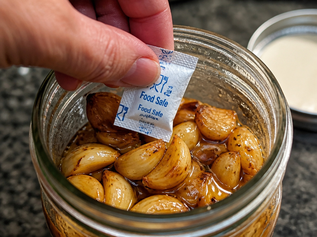 Adding a desiccant packet to a jar of stored roasted garlic to prevent moisture.