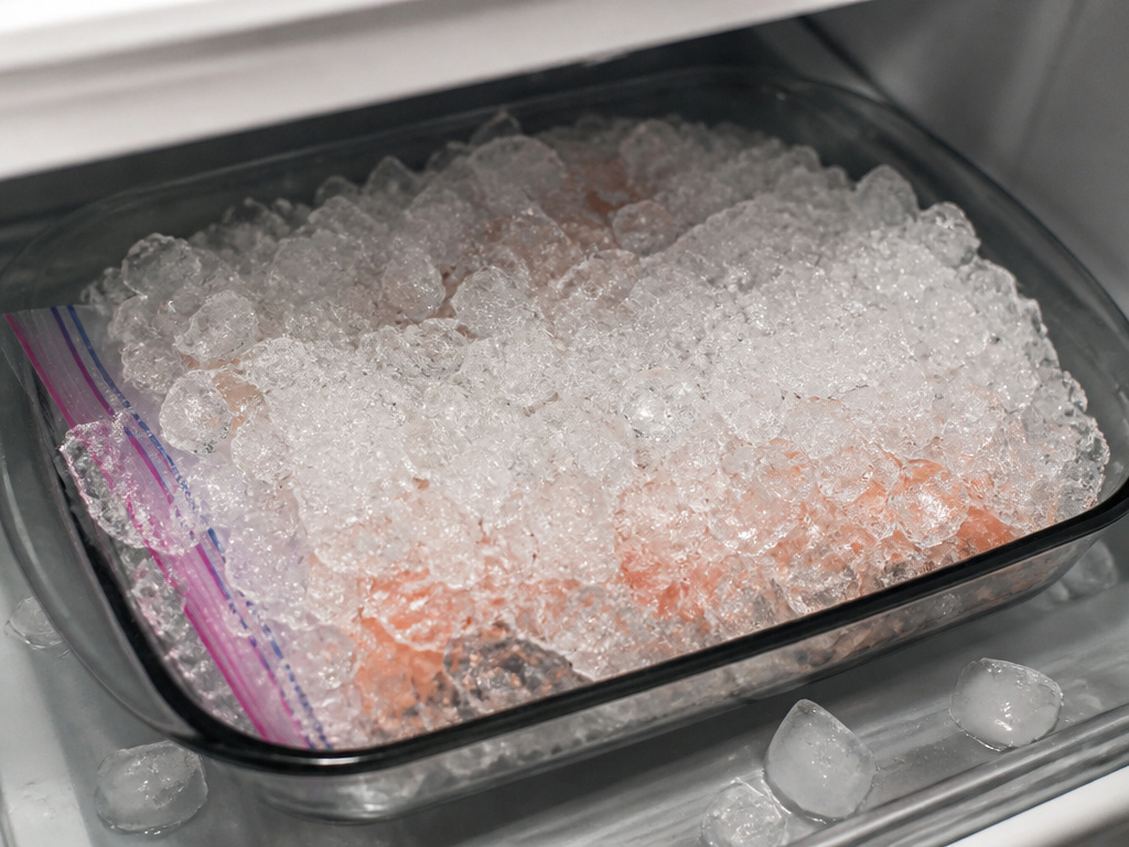 Raw fish stored in a pan of ice on the bottom refrigerator shelf.
