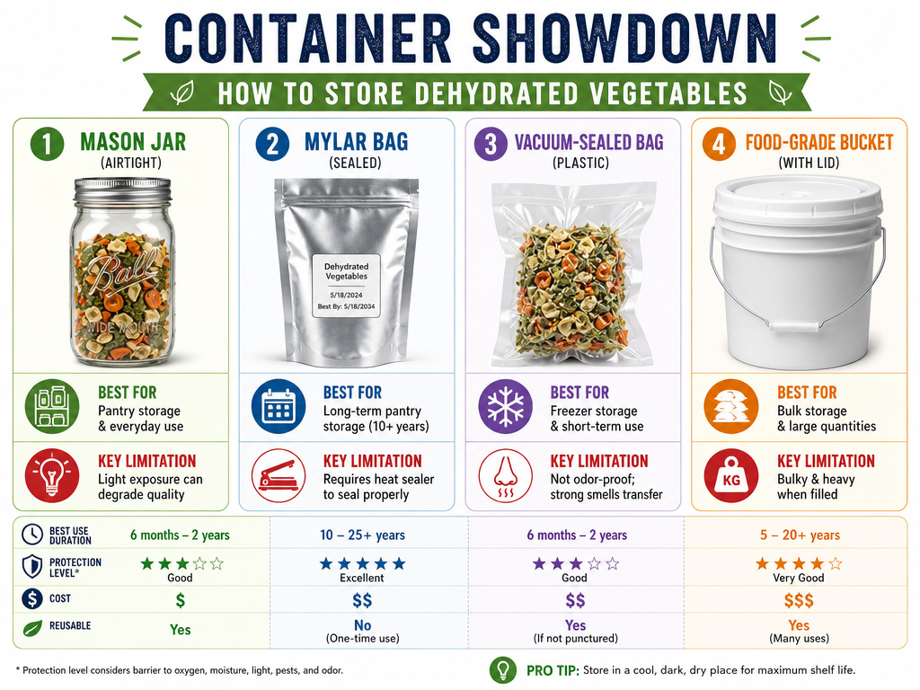 Comparison chart for storing dehydrated vegetables in jars, bags, and buckets.