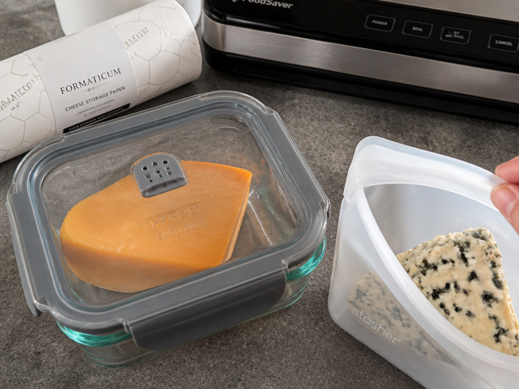 Effective cheese storage containers including glass, silicone, and specialty paper.