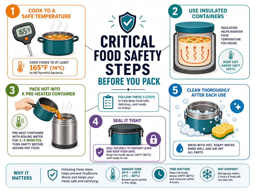 Five essential food safety steps for packing a hot lunch box meal.