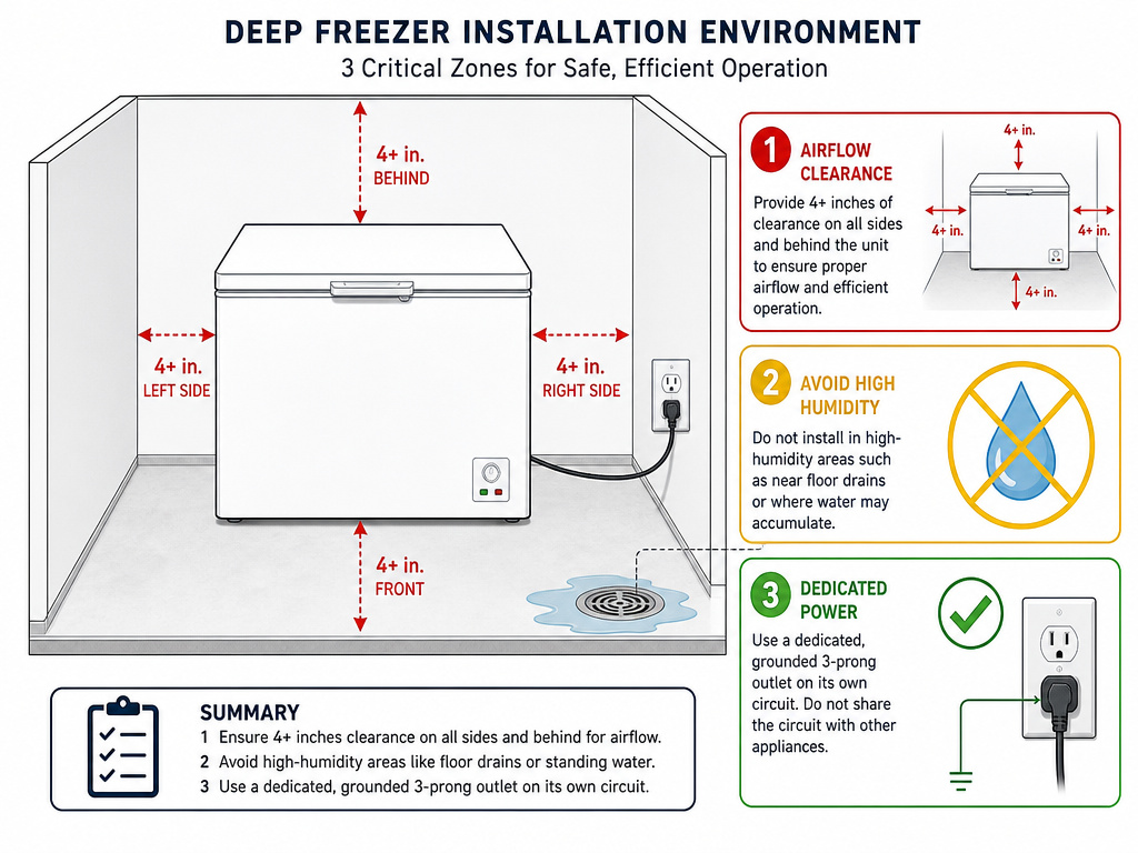 Diagram showing deep freezer installation rules for clearance, humidity, and electrical safety.
