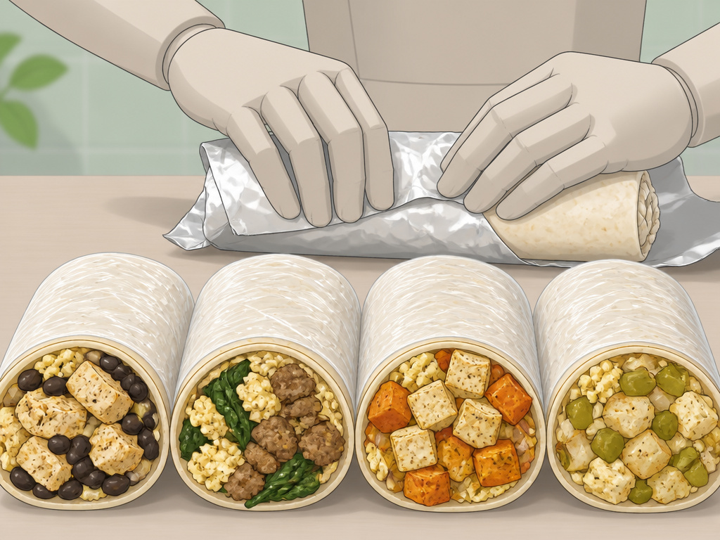 Four customizable freezer breakfast burrito fillings: southwestern, Italian, vegan, and green chile.