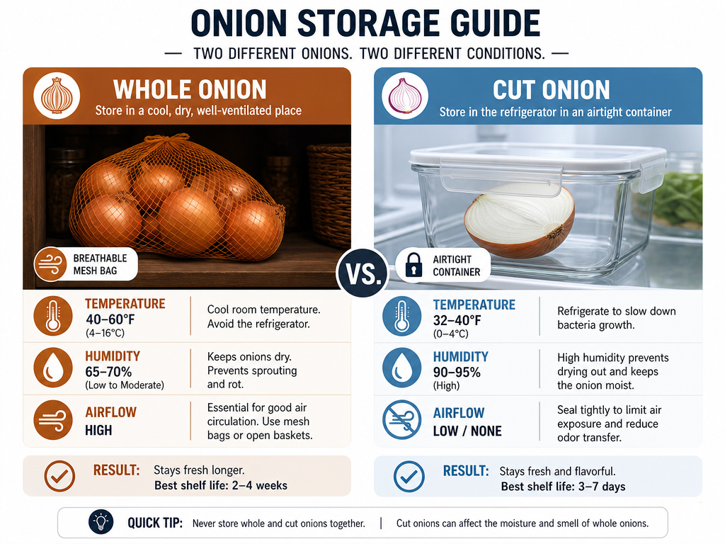 Infographic comparing proper storage for a whole onion versus a cut onion.