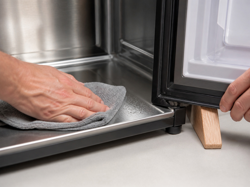 Drying and propping open a mini fridge door for long-term storage.