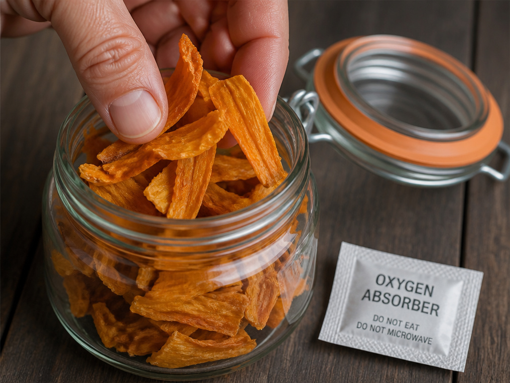 Preserving pumpkin by storing dehydrated strips in a mason jar with oxygen absorber.