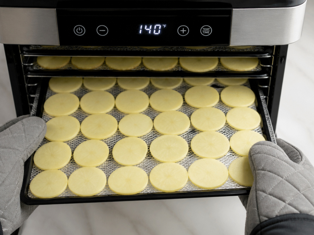 Dehydrating potato slices on a tray inside a food dehydrator at home.