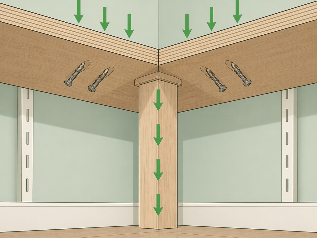 Diagram of reinforced L-shaped shelf construction for a corner pantry.
