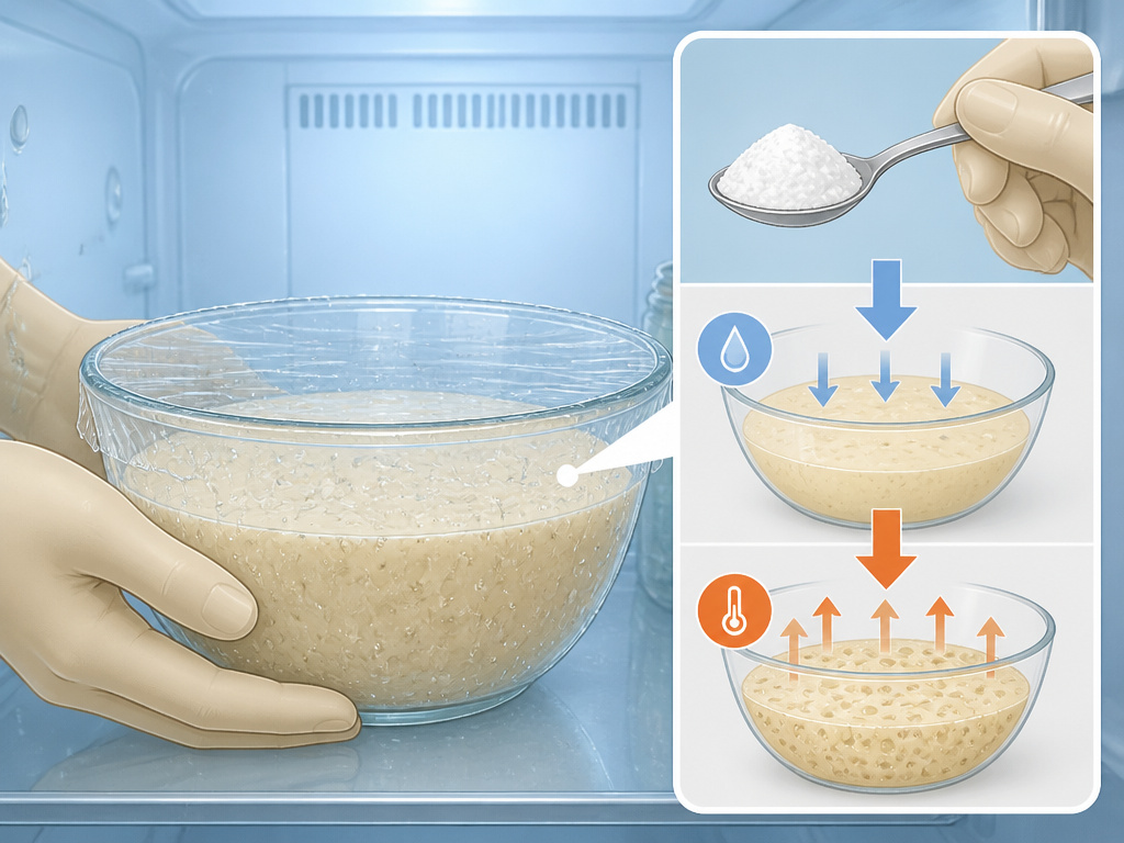Cartoon diagram of pancake batter and baking powder reactions inside a fridge.
