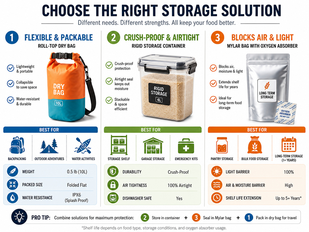 Infographic comparing dry bag to waterproof container and Mylar bag uses