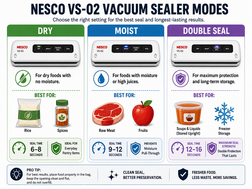 Nesco sealer settings guide for dry, moist, and double seal foods.