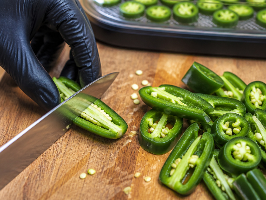 Slicing jalapeno peppers in half for drying and dehydrating preservation.