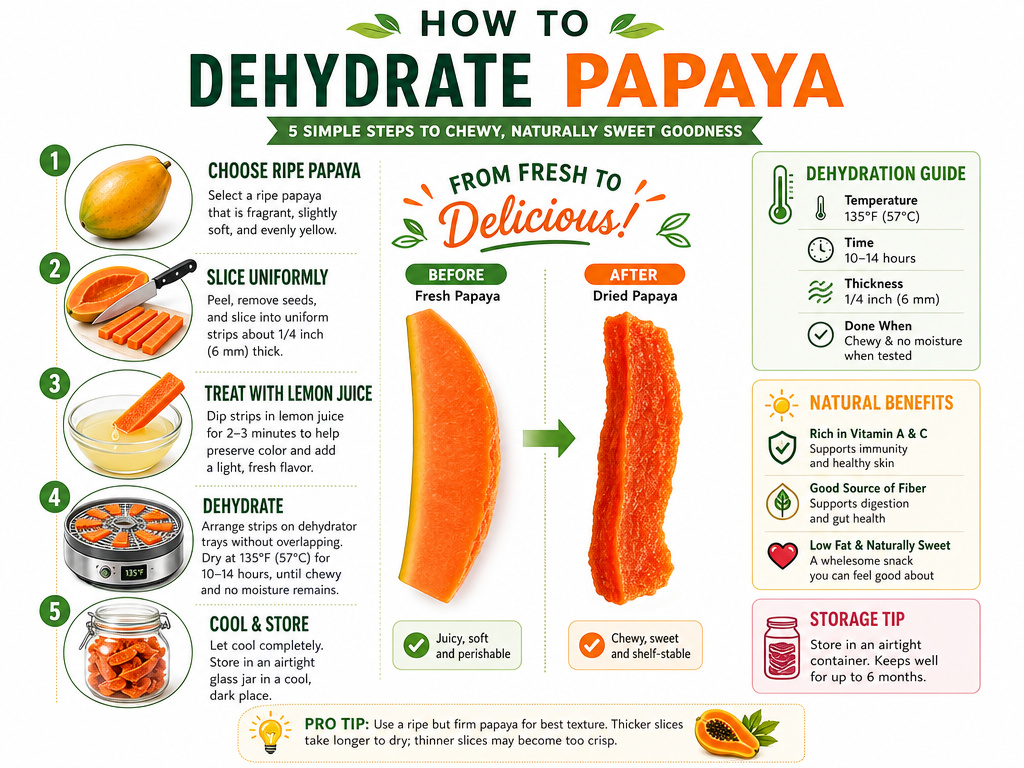 Step-by-step infographic for drying and dehydrating ripe papaya fruit at home.