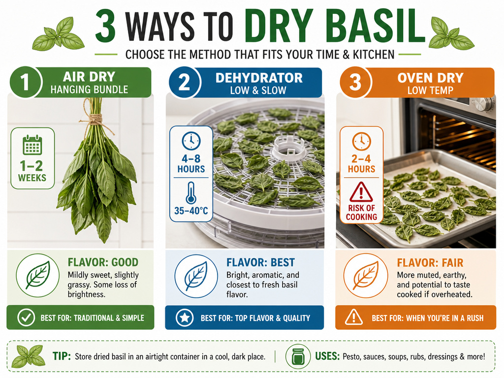 Comparison chart of air-drying, dehydrator, and oven methods for drying basil.