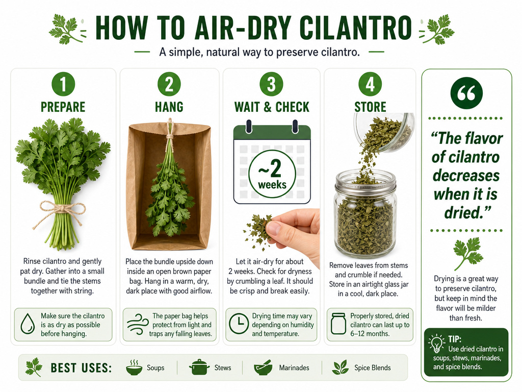 Four-step infographic for air-drying cilantro in a paper bag.