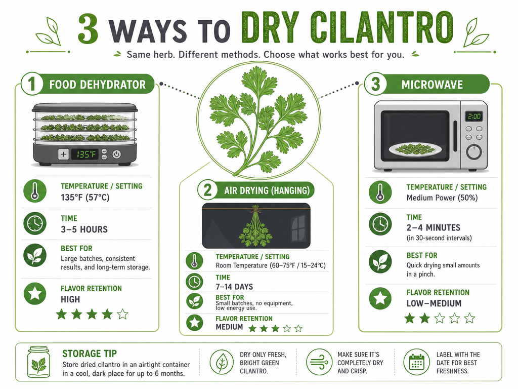 Comparison table of food dehydrator, air drying, and microwave methods for cilantro.