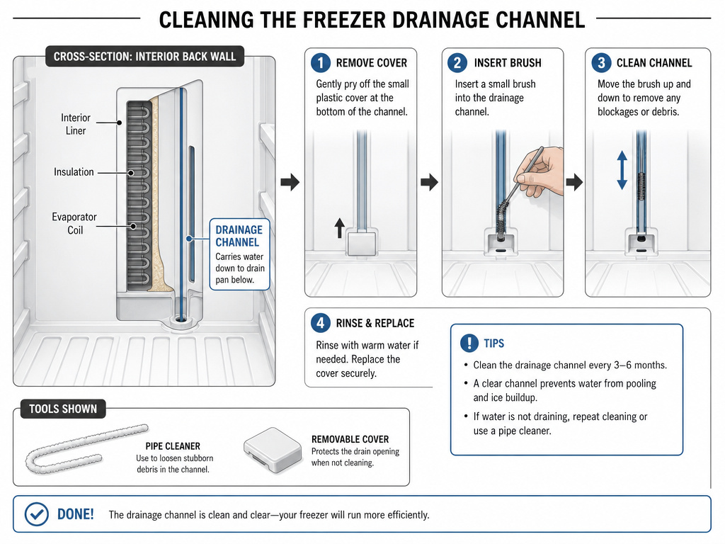 Diagram showing how to clean a freezer's interior drainage channel with a brush.